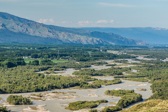Green Fields and Distant River Valley Landscape along Tekes River, Yili, Xinjiang, China