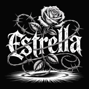 Estrella Chicano Tattoo Lettering T-Shirt Design with Rose Vector