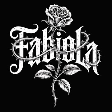 Fabiola Chicano Tattoo Lettering T-Shirt Design with Rose Vector