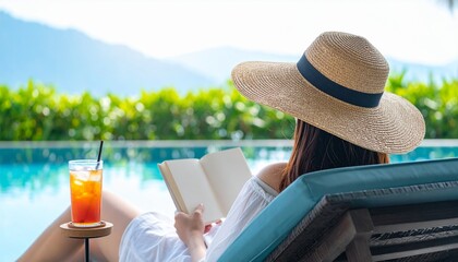 Fototapeta premium Woman reading on a sun lounger. Cheerful lady relaxing by the pool with a summer cocktail.