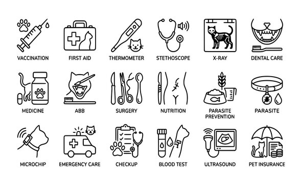 Veterinary Care and Pet Healthcare Line Icons Set - Vector Veterinary Symbols for Cat and Dog Vaccination, First Aid, Surgery, Dental Care, Parasite Prevention, Ultrasound, and Pet Insurance