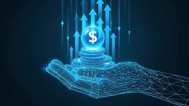 Blue glowing dollar sign hologram with dynamic upward arrows currency