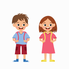 Cute cartoon school boy and girl wearing backpacks, isolated on a white background. Friendly children characters perfect for education, back to school designs, classroom materials, books, worksheets, 