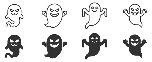 Obraz premium set of eight ghost icons outline and filled styles halloween digital design on transparent background