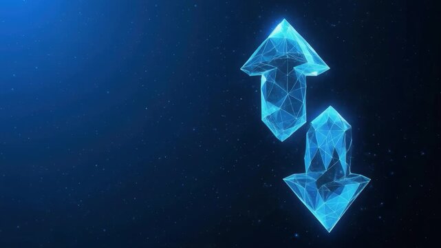 Blue glowing geometric cube rotating in dark space shape