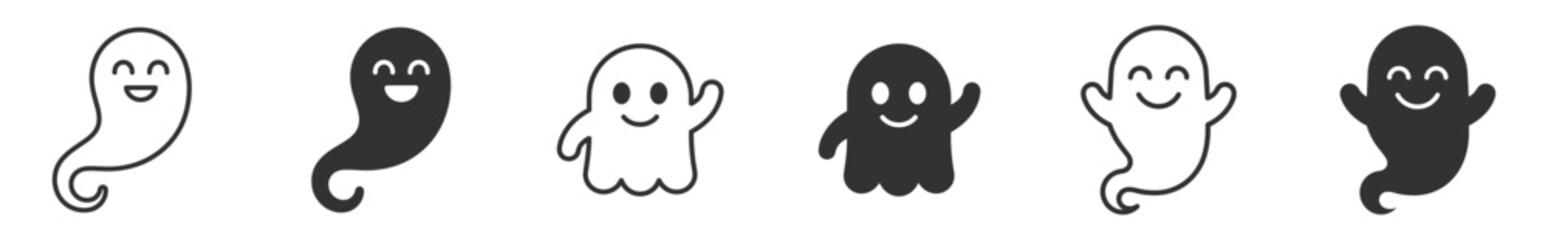 Fototapeta premium happy ghost icons vector set in outline and solid styles for Halloween design and decoration on transparent background