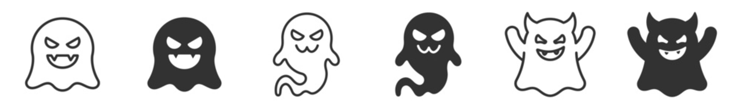 halloween ghost and demon icons silhouette and outline set with fangs and claws on transparent background