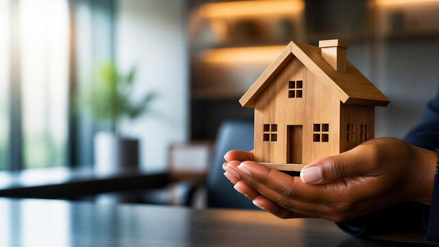 African american real estate agents gives house model to customers and presenting home loans after contract to rental house with approved property application insurance, free text space
