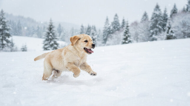 Labrador puppy running in snow. Cute dog playing in winter field.