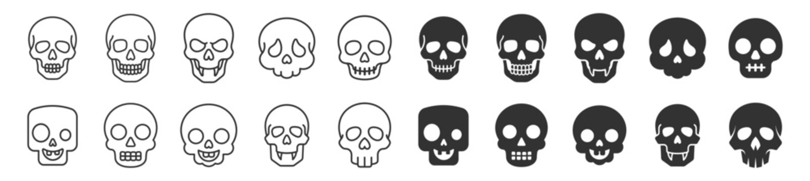 set of skull icons in outline and solid styles vector collection of various human skull shapes on transparent background
