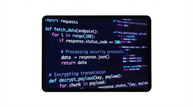 Tablet screen displaying python programming code for data fetching