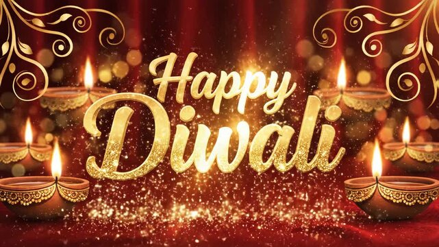 Golden Happy Diwali greeting with lit oil lamps.