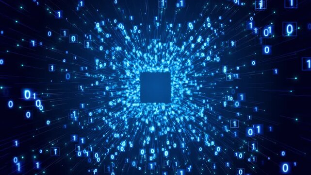 Futuristic code number vortex bright blue binary digits, glowing particle rays, dark tunnel depth. for programming videos, data flow scenes, AI titles, cyber intros, and motion graphics.