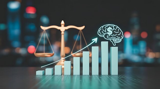 Business growth concept featuring a rising bar chart with a glowing brain and dollar sign beside a golden scale on a dark reflective surface