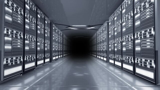 White color glowing data transfer 3d server room tunnel with server racks traffic on servers and mirror reflection on roof and ground hi tech design black 3d technology background