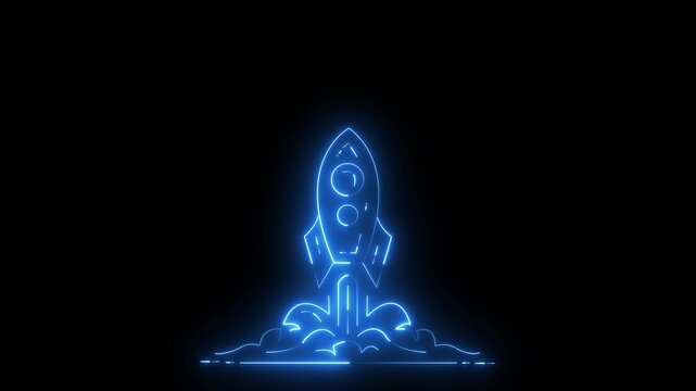 Neon rocket launch animation. Glowing spaceship taking off on a dark background.