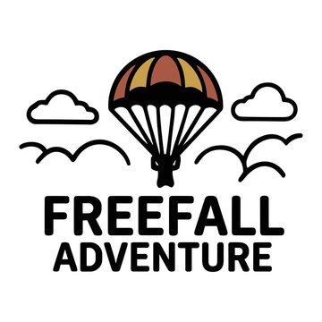 Minimalist vector illustration of a skydiver with a parachute and the text Freefall Adventure.