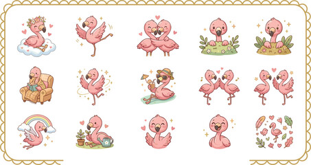 Cute pink flamingo character set dancing reading book drink cocktail gardening couple in love vector cartoon illustration.