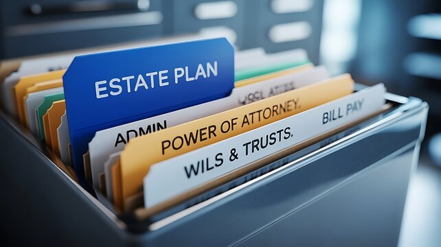 Close up of a dark filing cabinet drawer containing hanging folders labeled for estate planning, power of attorney, and wills and trusts legal