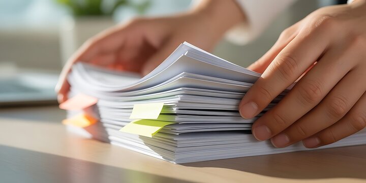 Close up of hands organizing a large stack of office documents with bright yellow and green sticky note tabs on a clean wooden desk surface area