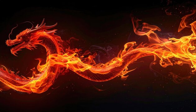 Fiery dragon snaking across a black backdrop, rendered in shades of red, orange, and yellow, resembling flames