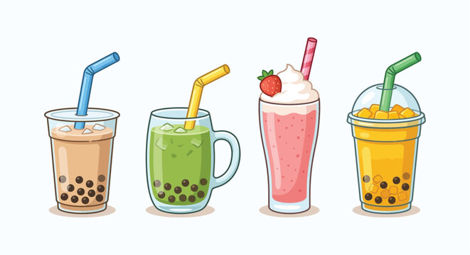 Assorted Bubble Teas With Straws And Tapioca Pearls Colorful Vector Illustration On White Background tea