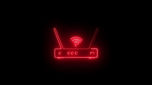 Glowing red neon wifi router icon. Wireless internet signal symbol on black background.