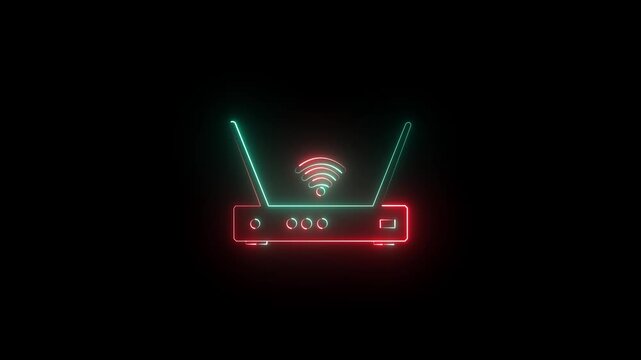 Neon Wi-Fi router icon glowing on black background. Wireless internet connection sign.