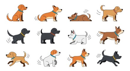 Obraz premium Set of Cute Cartoon Dogs in Various Poses and Breeds Vector Illustration Isolated on White Background for Pet Care and Design