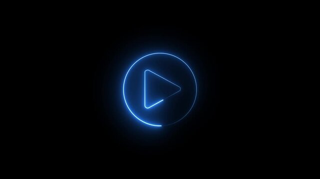 Glowing blue play button icon. Digital media player symbol with neon light effect.
