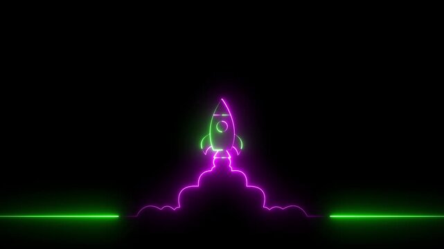 Neon rocket launch animation. Glowing spaceship taking off on dark background.