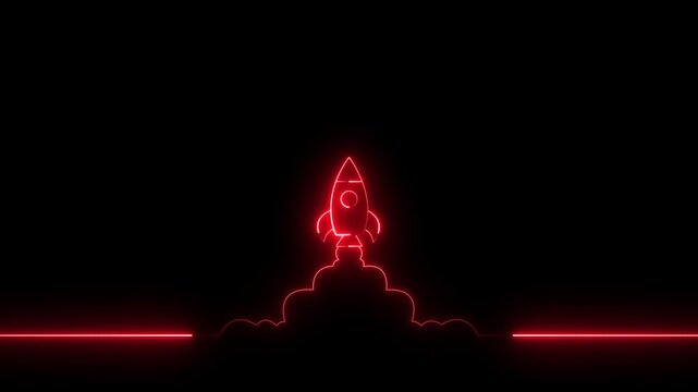 Red neon rocket launch icon. Glowing spaceship taking off on a dark background.