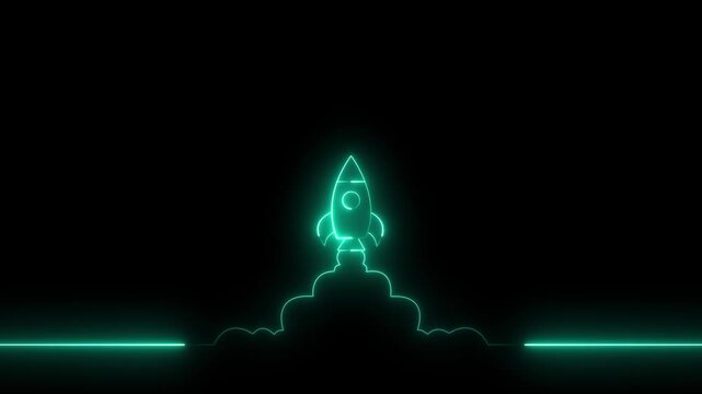 Neon rocket launch animation. Glowing digital spaceship taking off on black background.