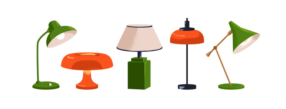 Table and desk lamps set. Modern retro vintage night light decorations, different lampshade designs. Electric illumination for home, office. Flat vector illustrations isolated on white background