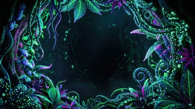 Bioluminescent alien foliage and glowing vines framing a dark empty space in a mystical fantasy forest