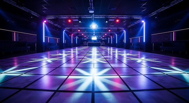 Empty nightclub dance floor illuminated with colorful neon lights