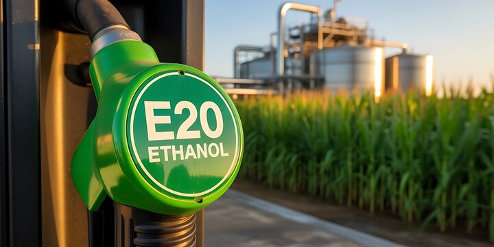 Green e20 ethanol fuel pump nozzle with water droplets against a backdrop, of a bio-refinery, plant and a, corn field during, a golden hour, sunset light