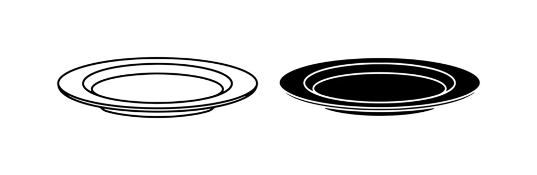 Two Simple Plate Icons, Outline and Solid Black, Vector Graphics for Food Service and Design