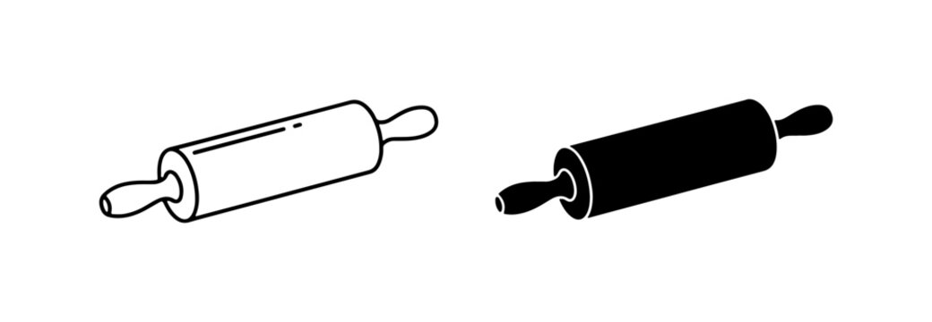 Rolling Pin Icons, Simple Line Art and Solid Silhouette for Baking and Cooking