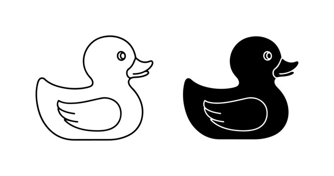 Rubber Duck Icon Set, Simple Outline and Solid Black Vector Graphics for Bath Time Fun