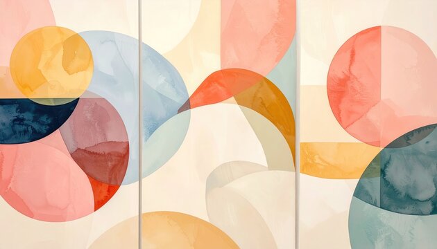 Triptych of overlapping watercolor circles in blue, orange, peach, and cream hues creates an abstract modern design