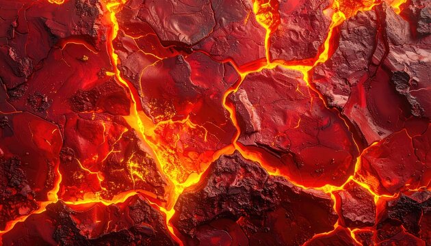 Cracking earth revealing intense, fiery magma beneath, creating a textured, abstract landscape