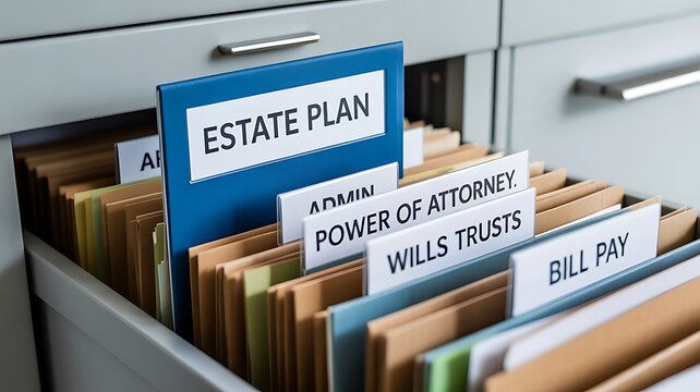 Open metal filing cabinet drawer containing organized hanging folders with labels for estate planning, power of attorney, wills, and bill payments