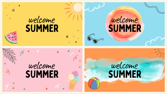 Summer themed watercolor pattern with fruits sun and beach elements in a 2x2 grid arrangement summertime seasonal tropical