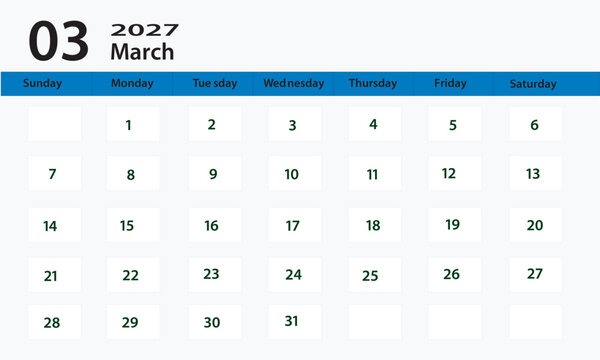 March 2027 monthly calendar template a vector planner with days of the week and numbered dates