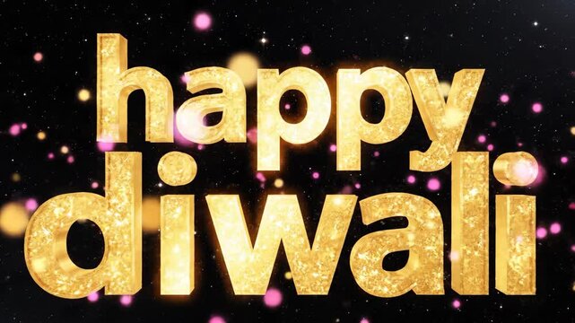 Golden happy diwali text with festive bokeh lights on black
