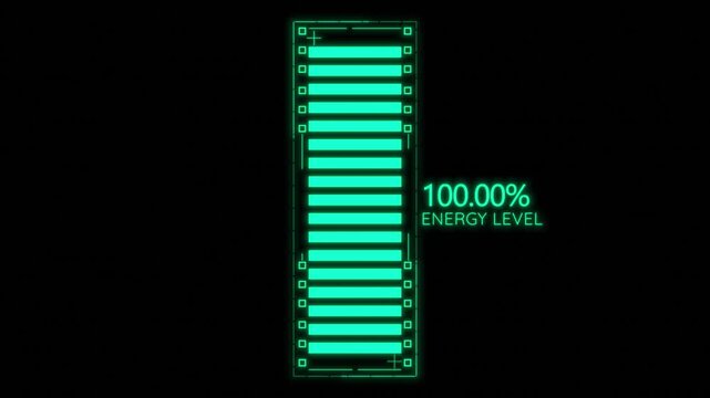 Full charge power indicator screen green bars, digital energy text, and black technology background. for battery videos, mobile charging clips, status panels, electronics promos, and HUD overlays.