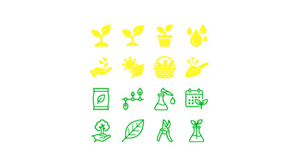Fototapeta premium Flat icons illustrating plant care, composting, greenhouse farming, and eco-friendly gardening.