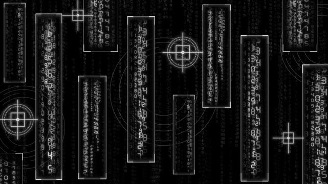 White color hi-tech digital rain with HUD elements and geometrical designs hi tech black  technology background