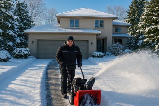 Man clearing snow with a red snowblower in front of a modern suburban villa. Evergreen trees, fresh snow, and bright morning sunlight create a calm, crisp, and elegant atmosphere.